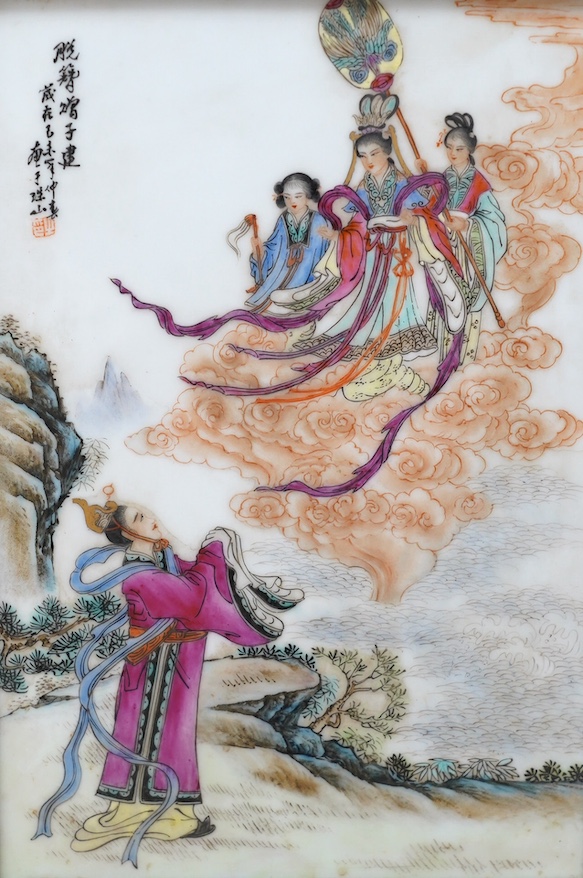 Four framed Chinese famille rose plaques, largest 25.5 x 17cm. Condition - fair to good